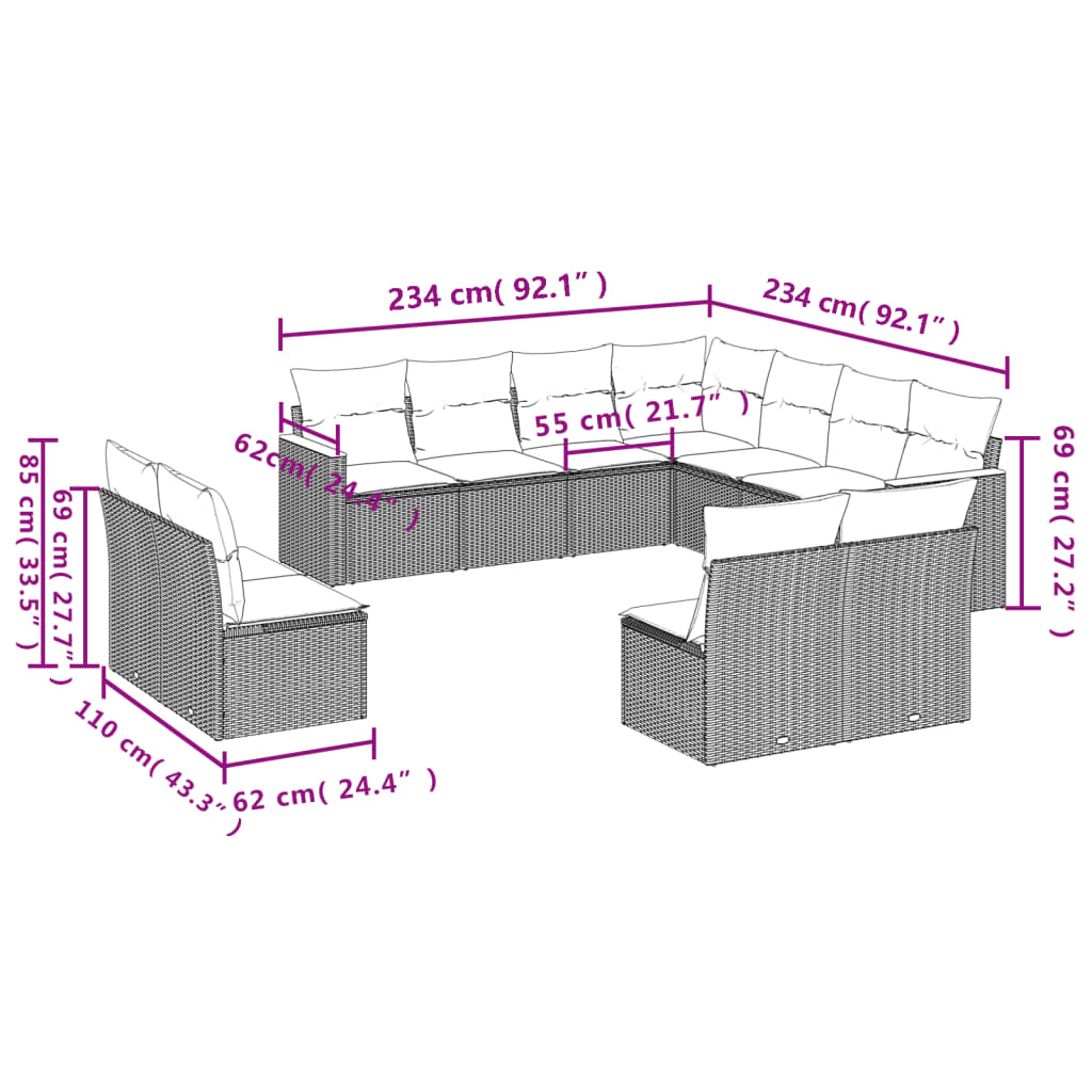 11-Delige Loungeset Met Kussens Poly Rattan Zwart