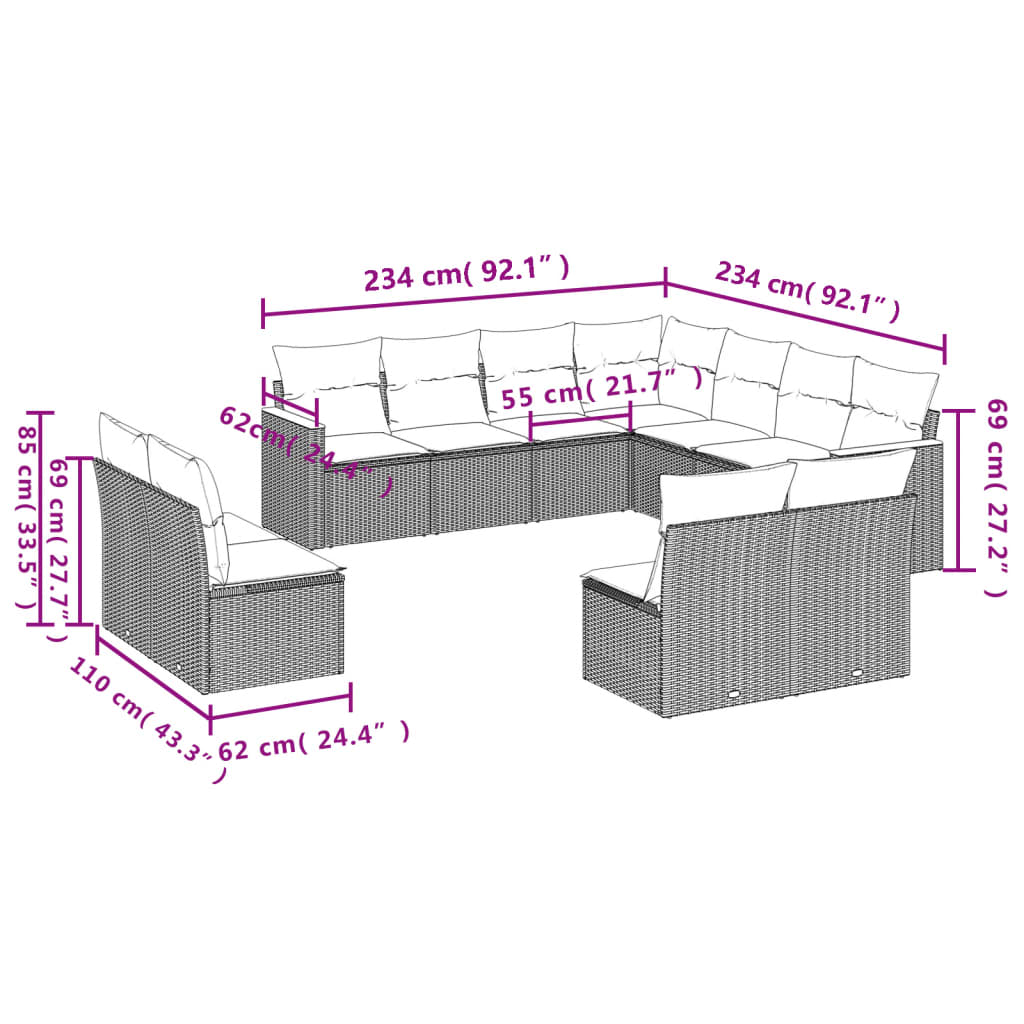 11-Delige Loungeset Met Kussens Poly Rattan Grijs