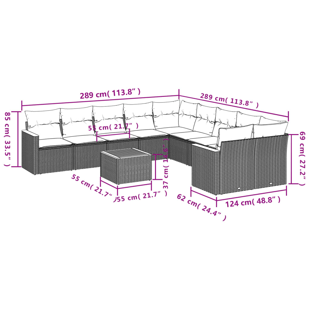 11-Delige Loungeset Met Kussens Poly Rattan Grijs