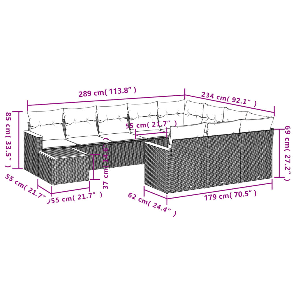 11-Delige Loungeset Met Kussens Poly Rattan Zwart