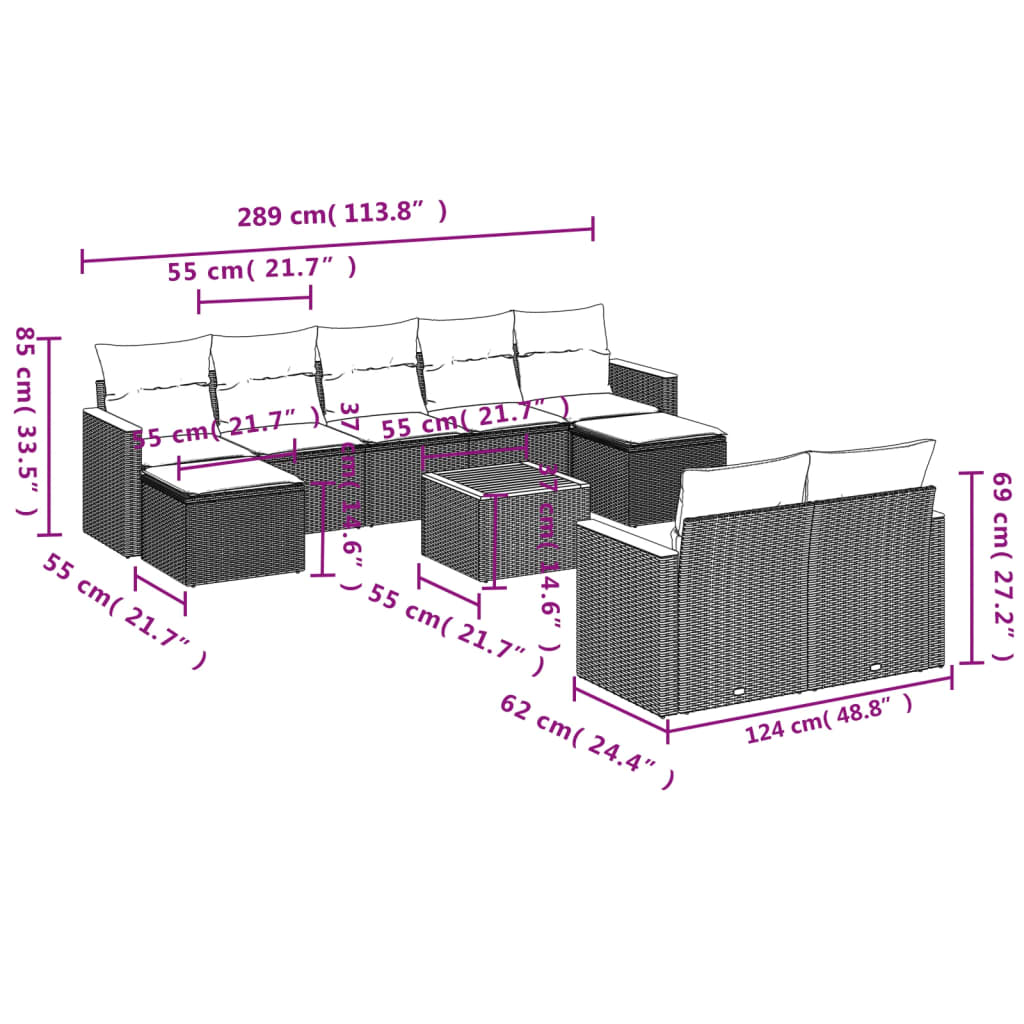 10-Delige Loungeset Met Kussens Poly Rattan Zwart