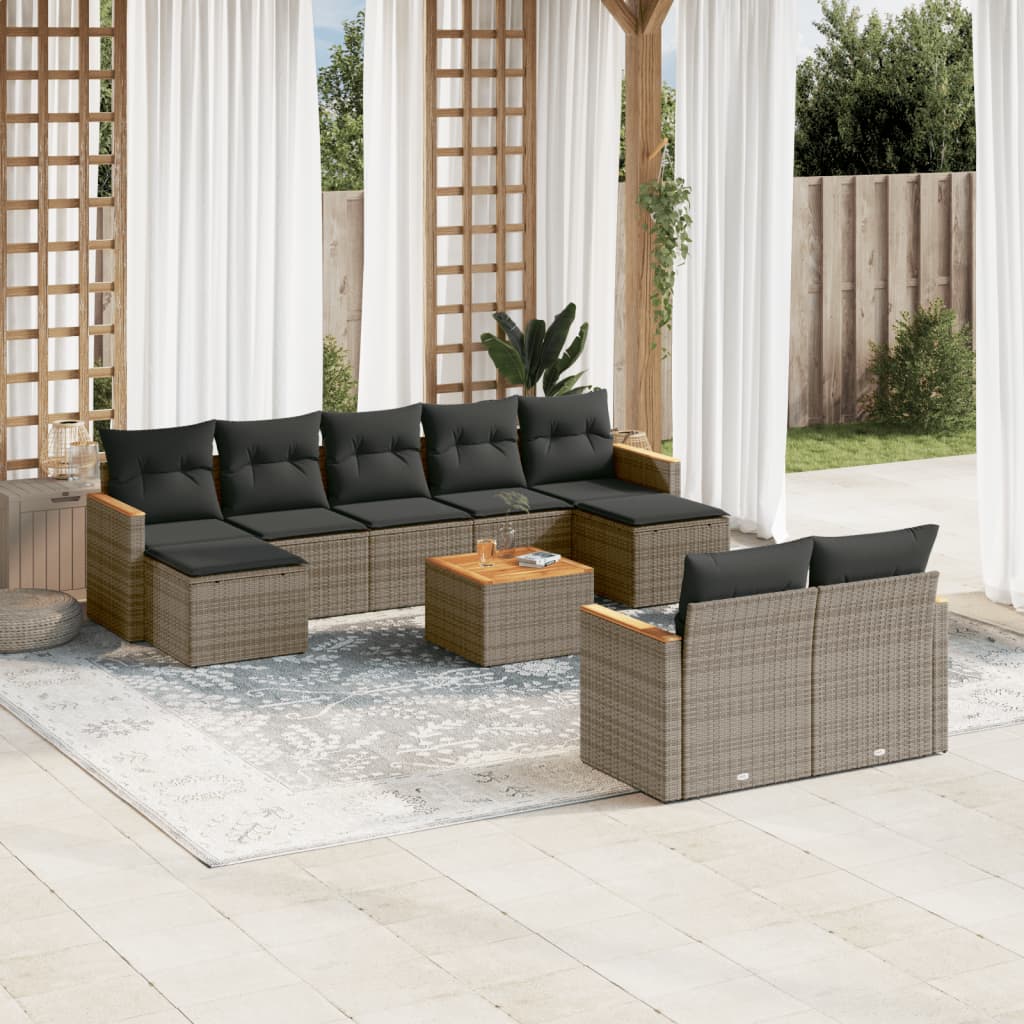 10-Delige Loungeset Met Kussens Poly Rattan Grijs