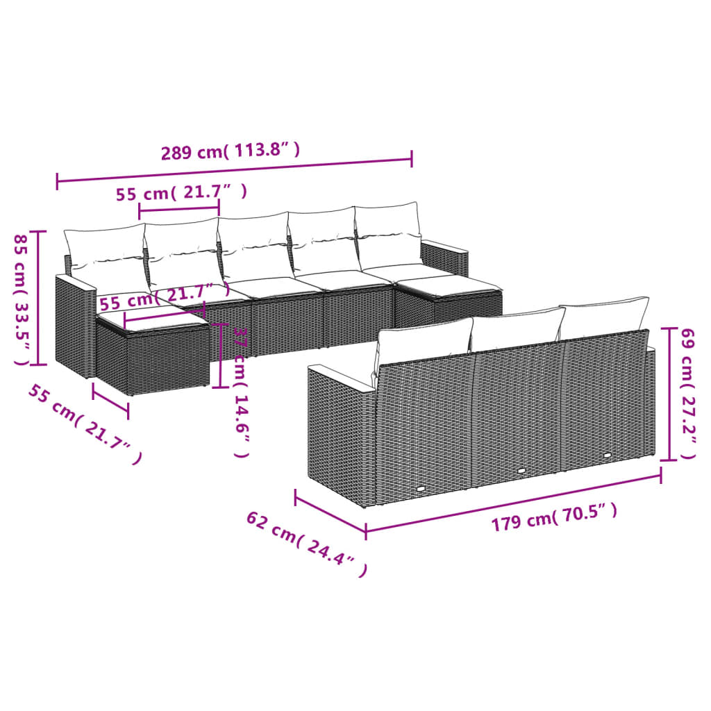 10-Delige Loungeset Met Kussens Poly Rattan Grijs