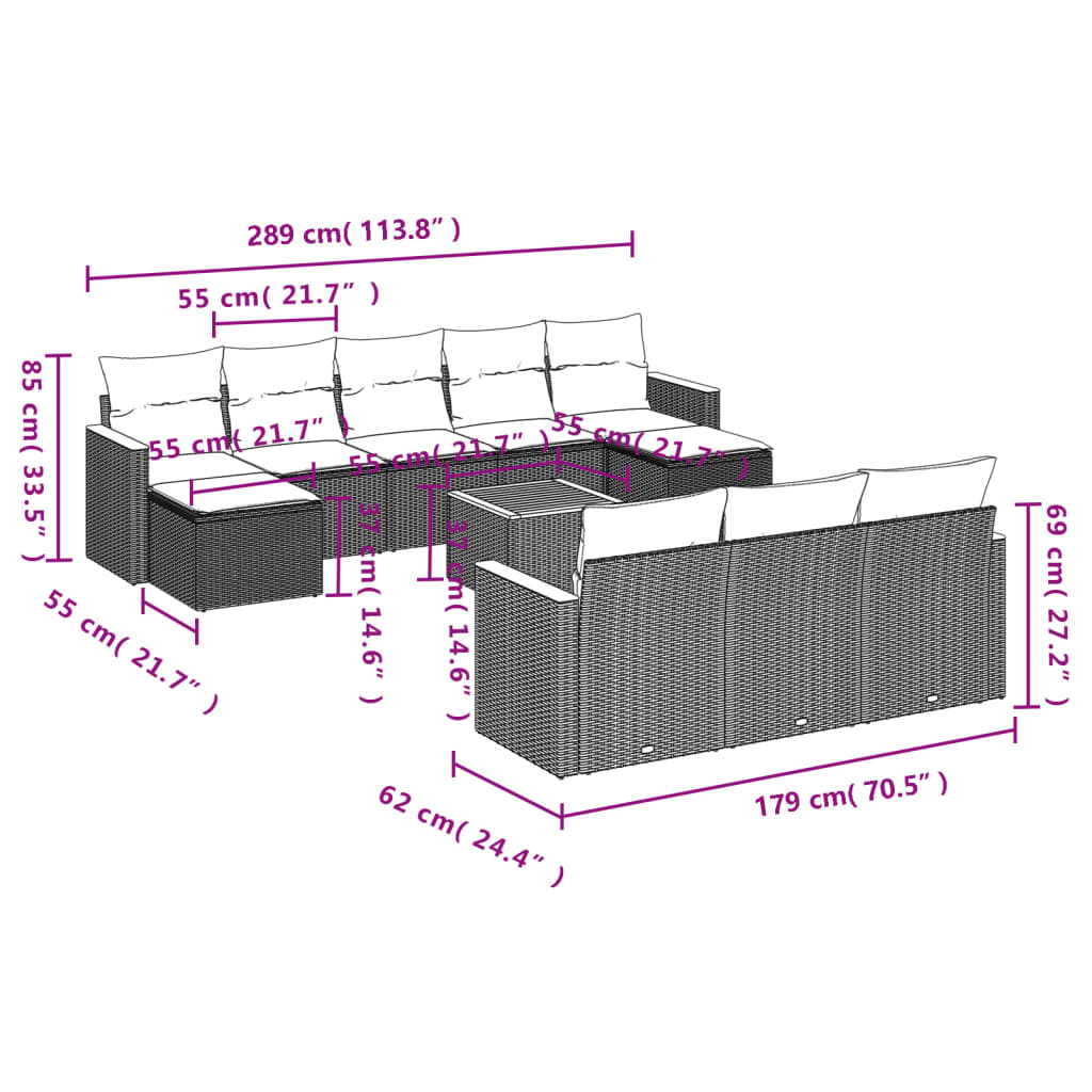 11-Delige Loungeset Met Kussens Poly Rattan Zwart