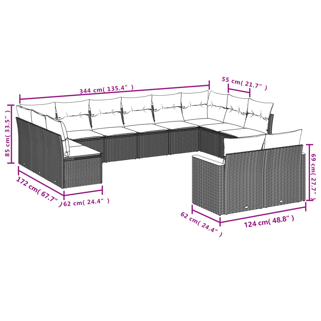 12-Delige Loungeset Met Kussens Poly Rattan Grijs