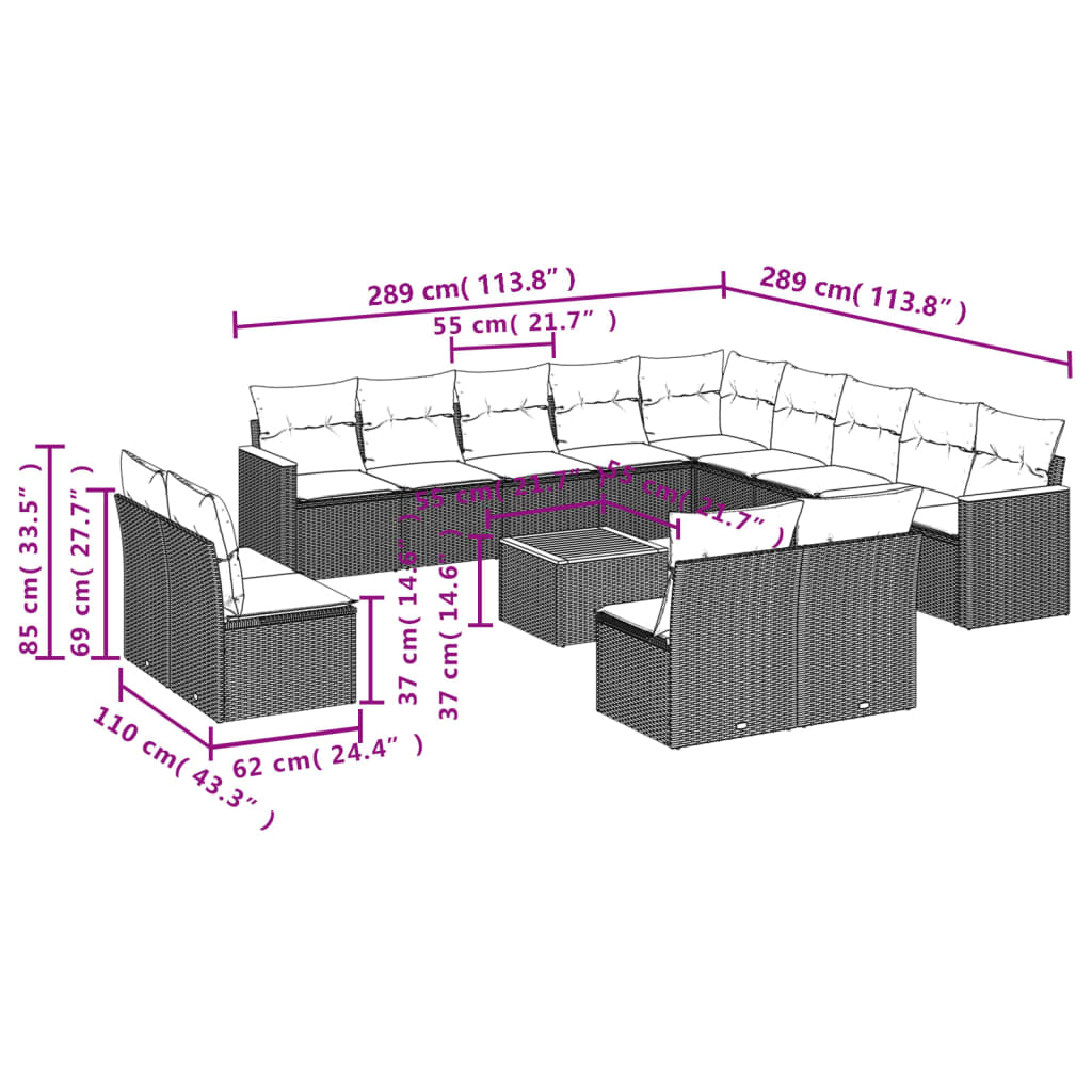 14-Delige Loungeset Met Kussens Poly Rattan Zwart