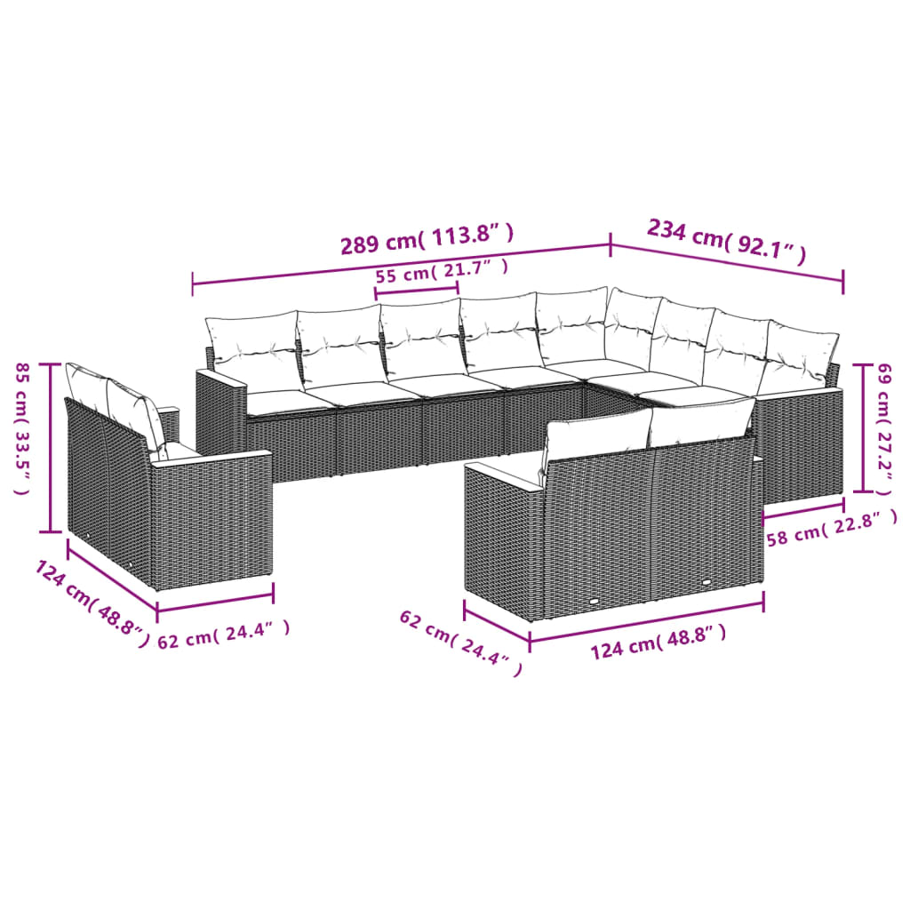 12-Delige Loungeset Met Kussens Poly Rattan Zwart