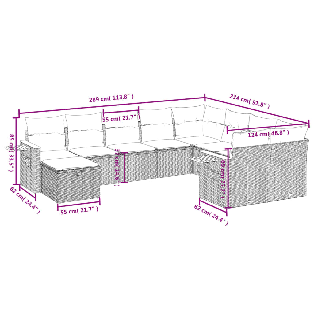 10-Delige Loungeset Met Kussens Poly Rattan Zwart