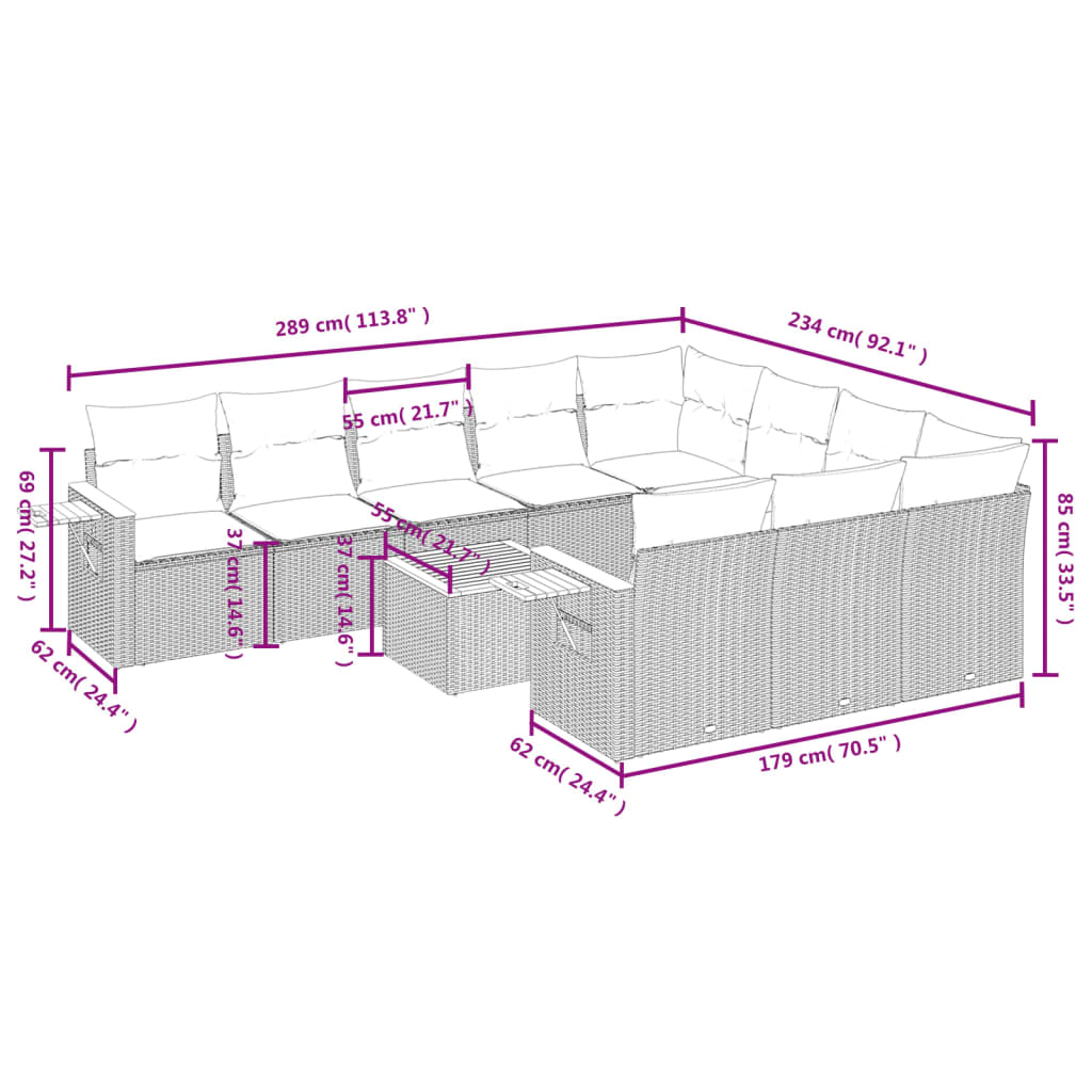 11-Delige Loungeset Met Kussens Poly Rattan Zwart