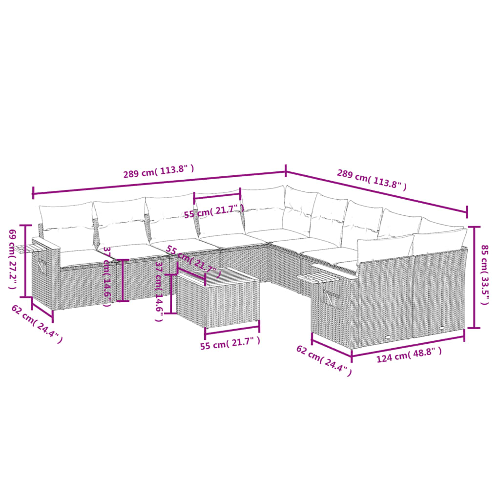 11-Delige Loungeset Met Kussens Poly Rattan Zwart