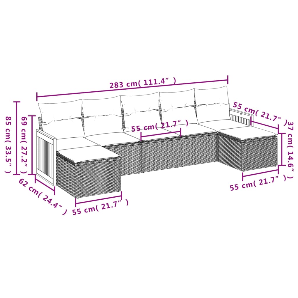 7-Delige Loungeset Met Kussens Poly Rattan Zwart