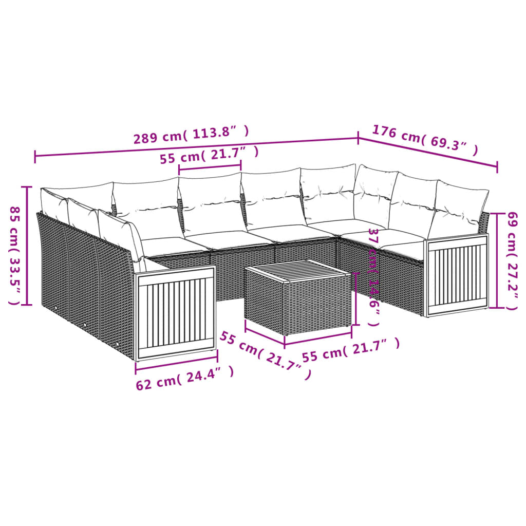 10-Delige Loungeset Met Kussens Poly Rattan Grijs