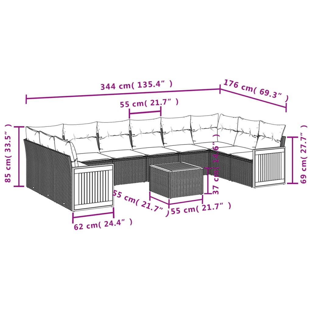 11-Delige Loungeset Met Kussens Poly Rattan Grijs