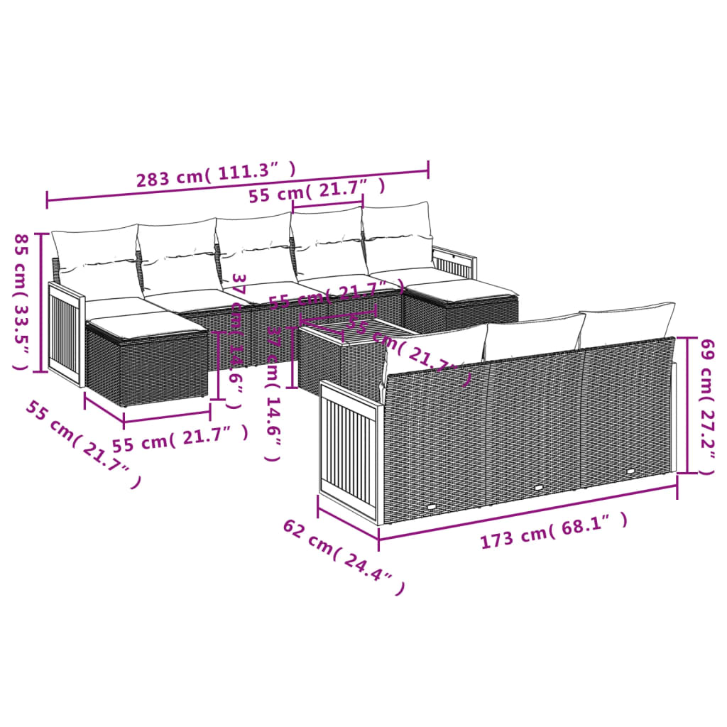 11-Delige Loungeset Met Kussens Poly Rattan Zwart