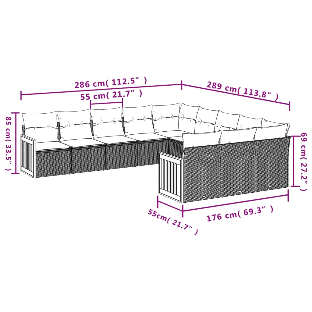 11-Delige Loungeset Met Kussens Poly Rattan Grijs