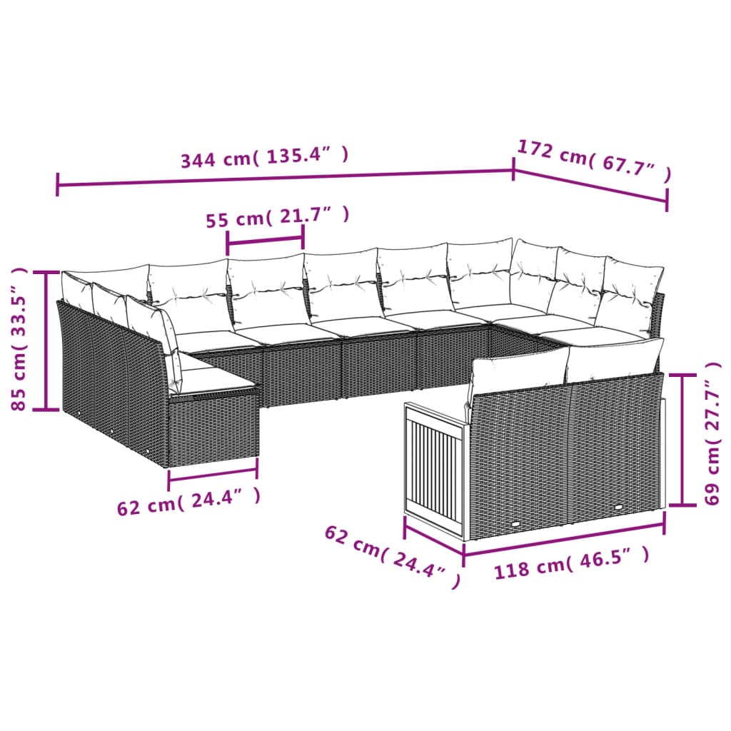 12-Delige Loungeset Met Kussens Poly Rattan Beige