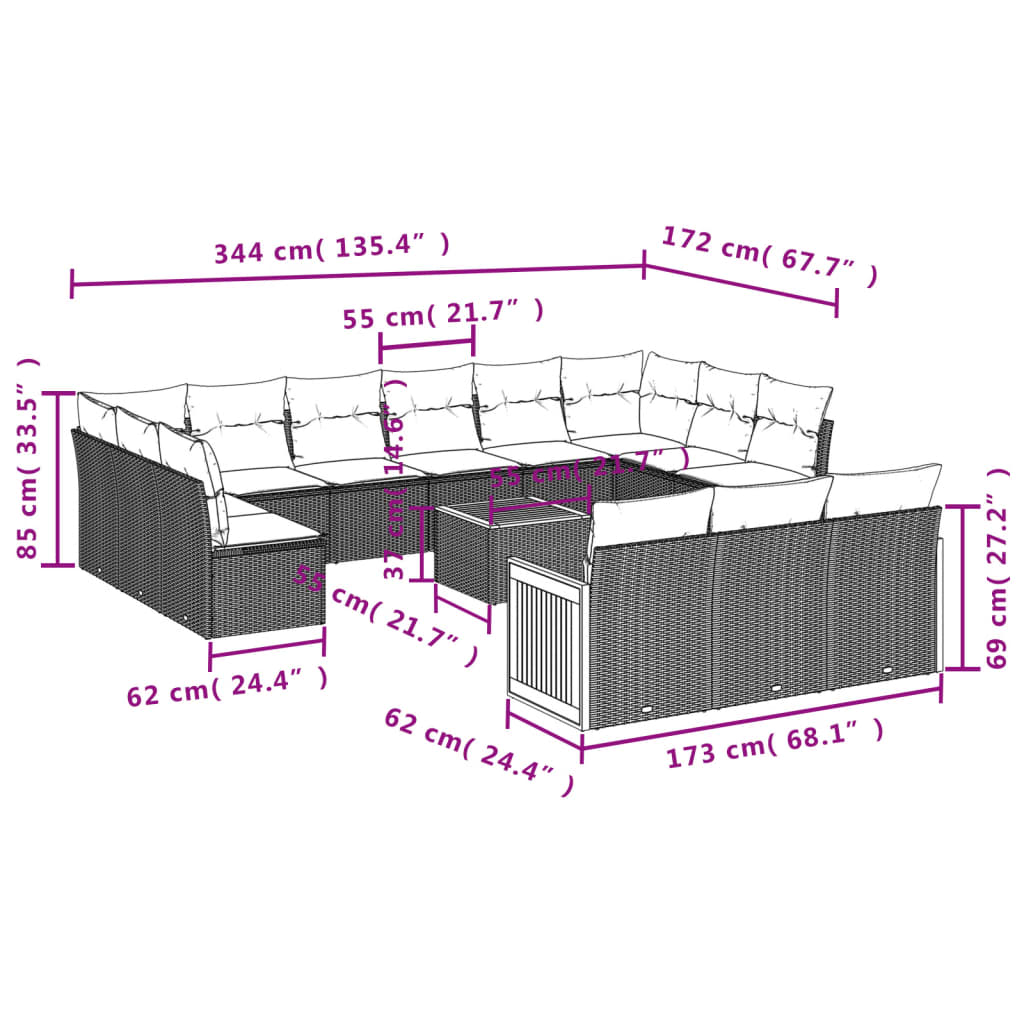 14-Delige Loungeset Met Kussens Poly Rattan Grijs