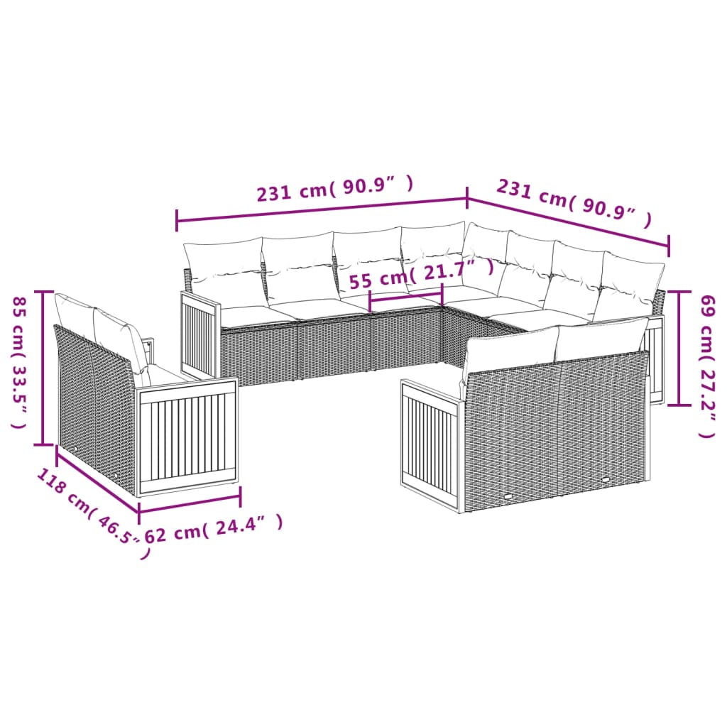 11-Delige Tuinset Met Kussens Poly Rattan Beige