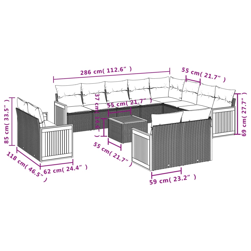 13-Delige Loungeset Met Kussens Poly Rattan Zwart