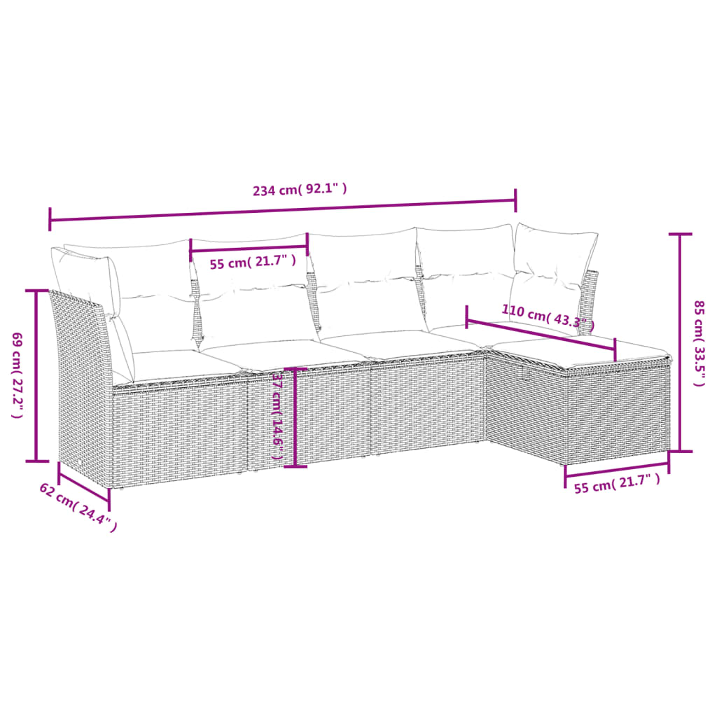 5-Delige Loungeset Met Kussens Poly Rattan Gemengd Beige