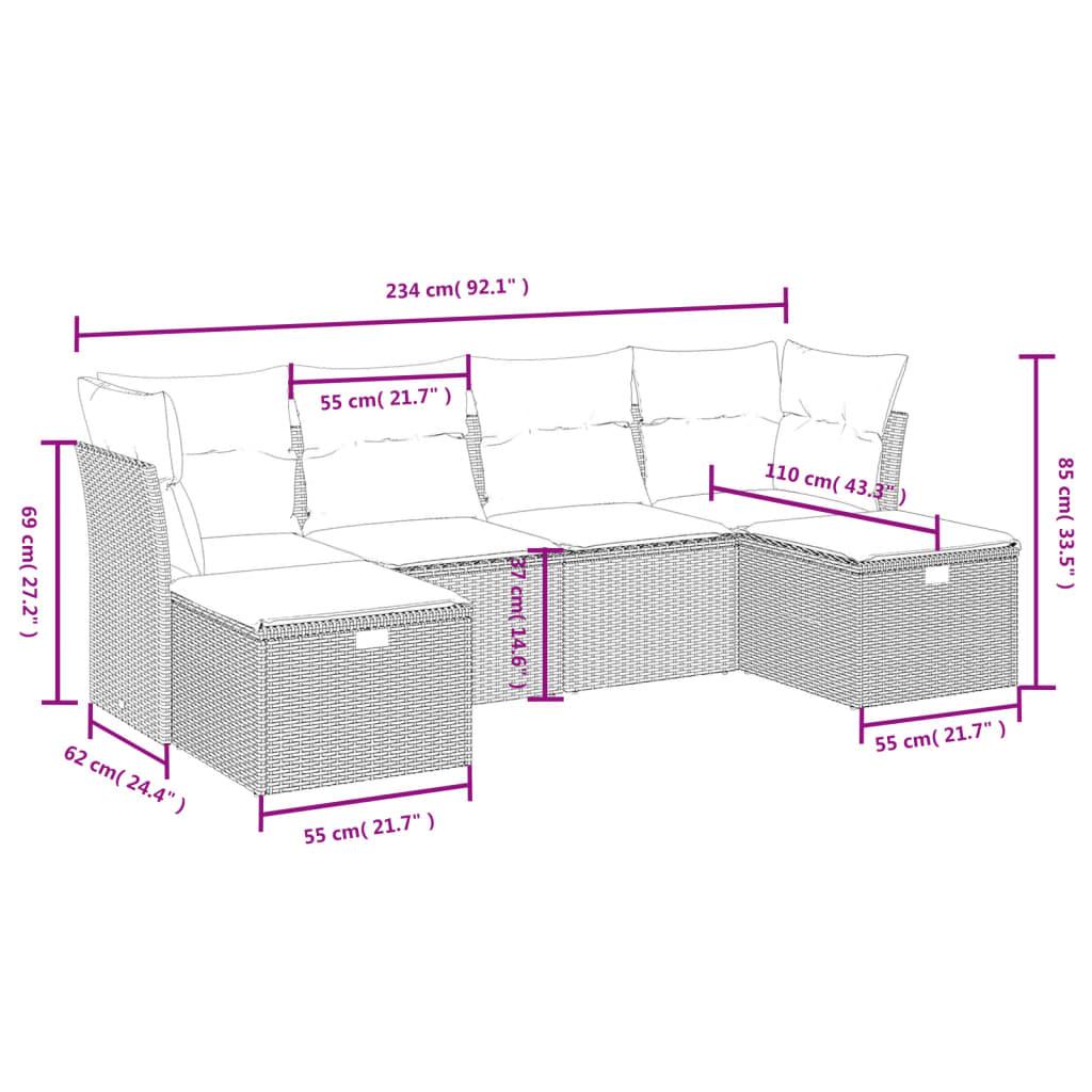 6-Delige Loungeset Met Kussens Poly Rattan Gemengd Beige