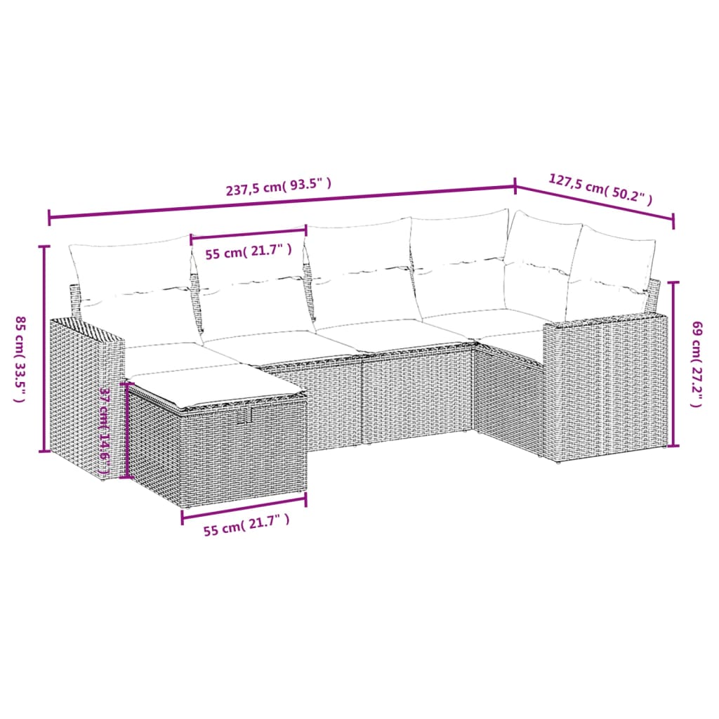 6-Delige Loungeset Met Kussens Poly Rattan Gemengd Beige