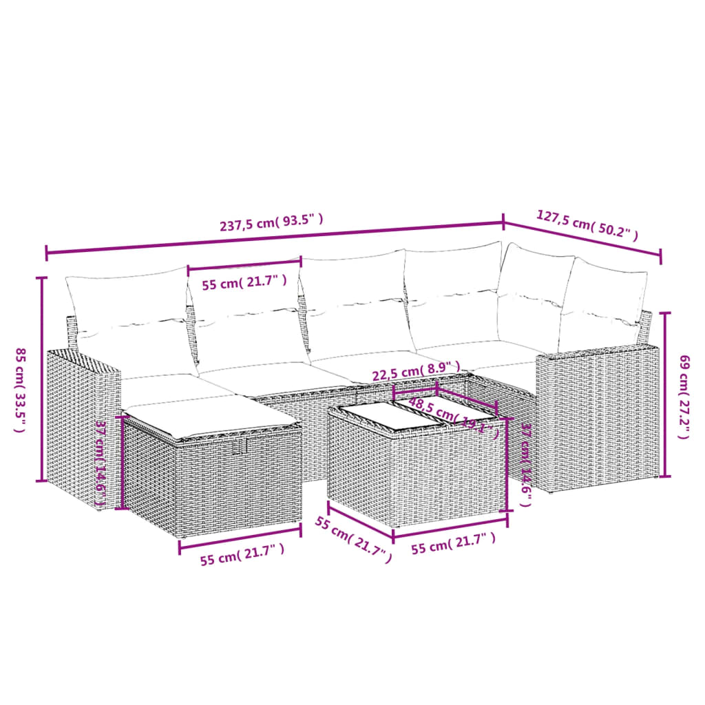 7-Delige Loungeset Met Kussens Poly Rattan Zwart