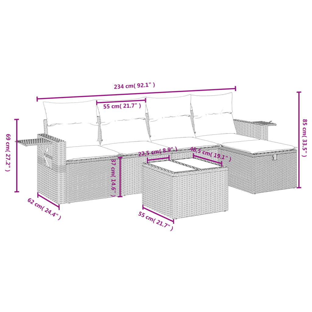 6-Delige Loungeset Met Kussens Poly Rattan Gemengd Beige