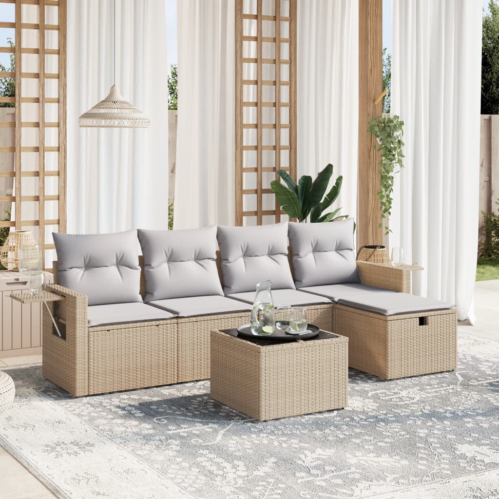 6-Delige Loungeset Met Kussens Poly Rattan Gemengd Beige