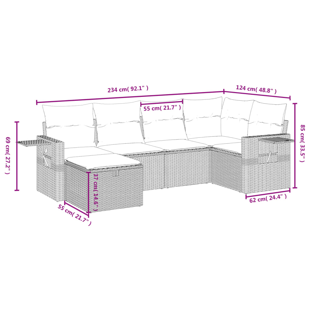 6-Delige Loungeset Met Kussens Poly Rattan Gemengd Beige