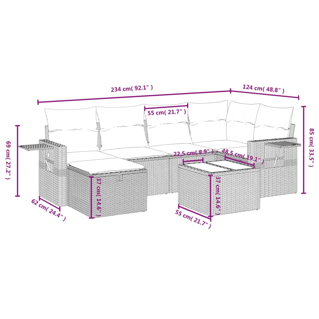 7-Delige Loungeset Met Kussens Poly Rattan Gemengd Beige