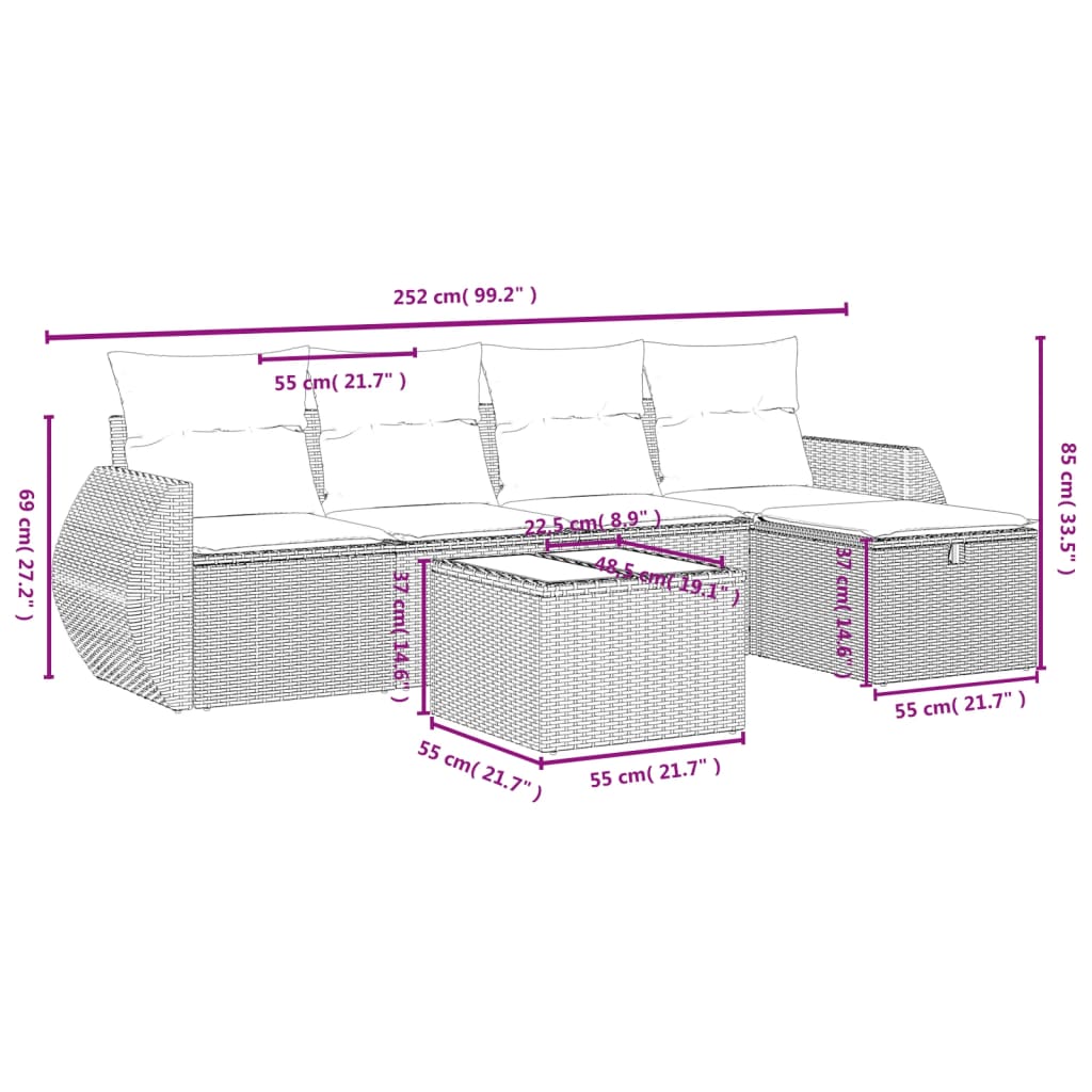 6-Delige Loungeset Met Kussens Poly Rattan Gemengd Beige