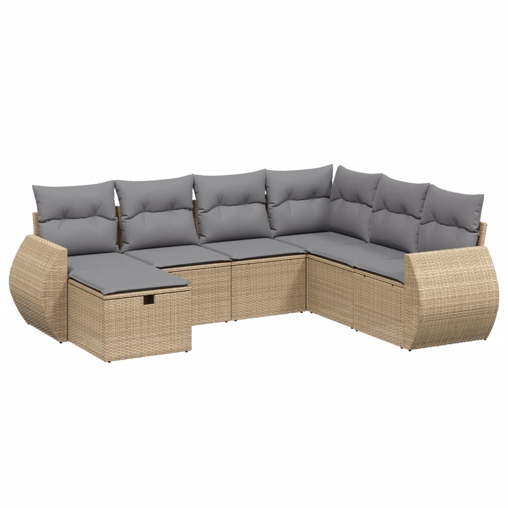 7-Delige Loungeset Met Kussens Poly Rattan Gemengd Beige