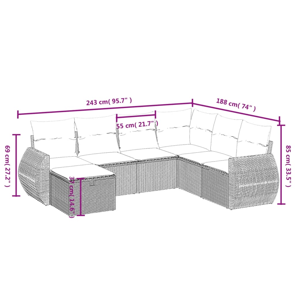 7-Delige Loungeset Met Kussens Poly Rattan Gemengd Beige