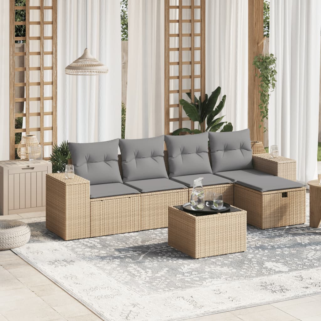 6-Delige Loungeset Met Kussens Poly Rattan Gemengd Beige