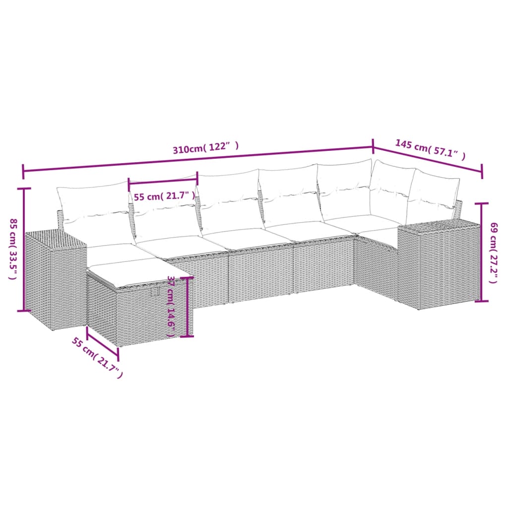 7-Delige Loungeset Met Kussens Poly Rattan Gemengd Beige