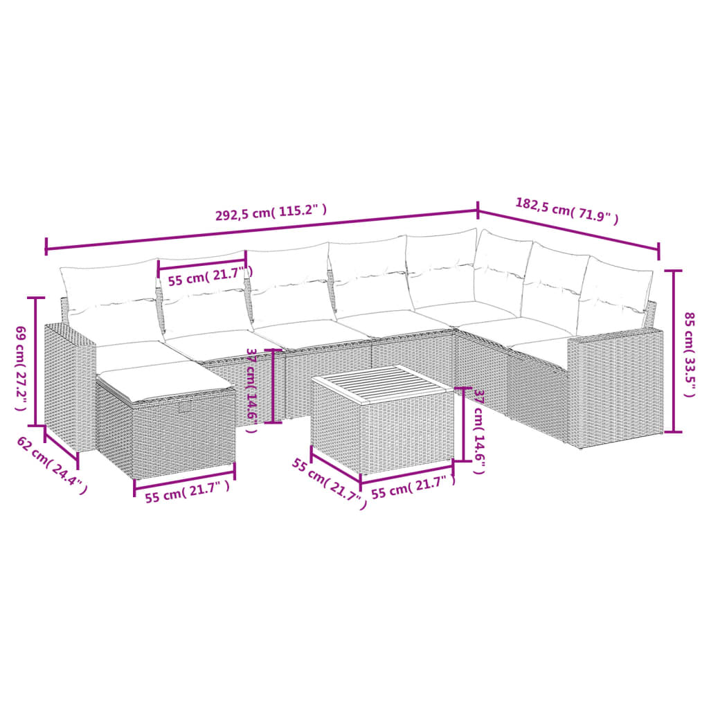 9-Delige Loungeset Met Kussens Poly Rattan Zwart