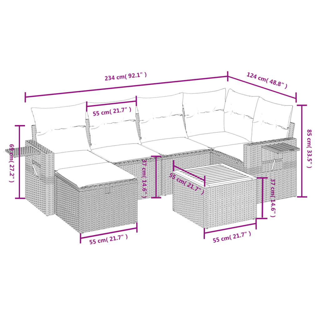 7-Delige Loungeset Met Kussens Poly Rattan Gemengd Beige