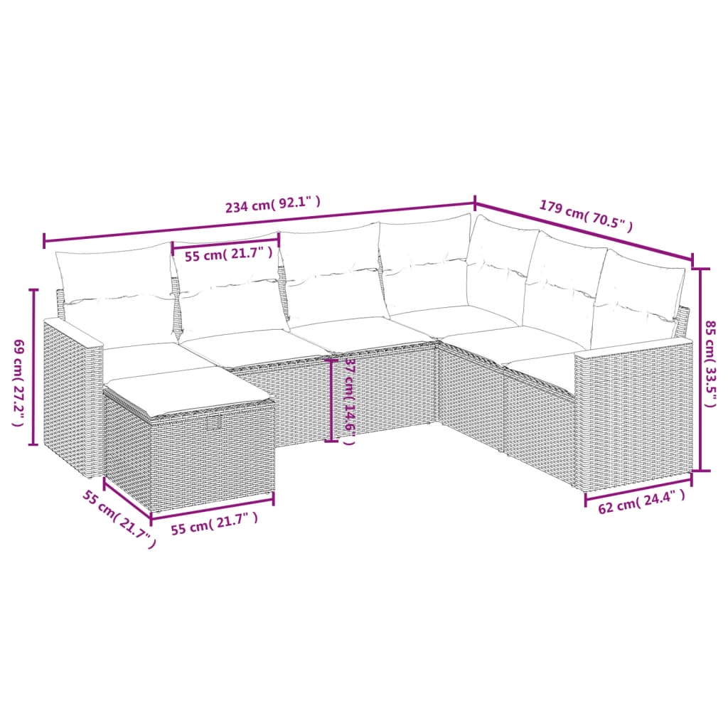 7-Delige Loungeset Met Kussens Poly Rattan Gemengd Beige