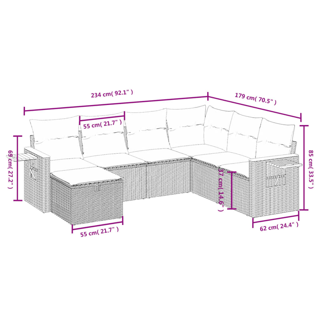 7-Delige Loungeset Met Kussens Poly Rattan Gemengd Beige