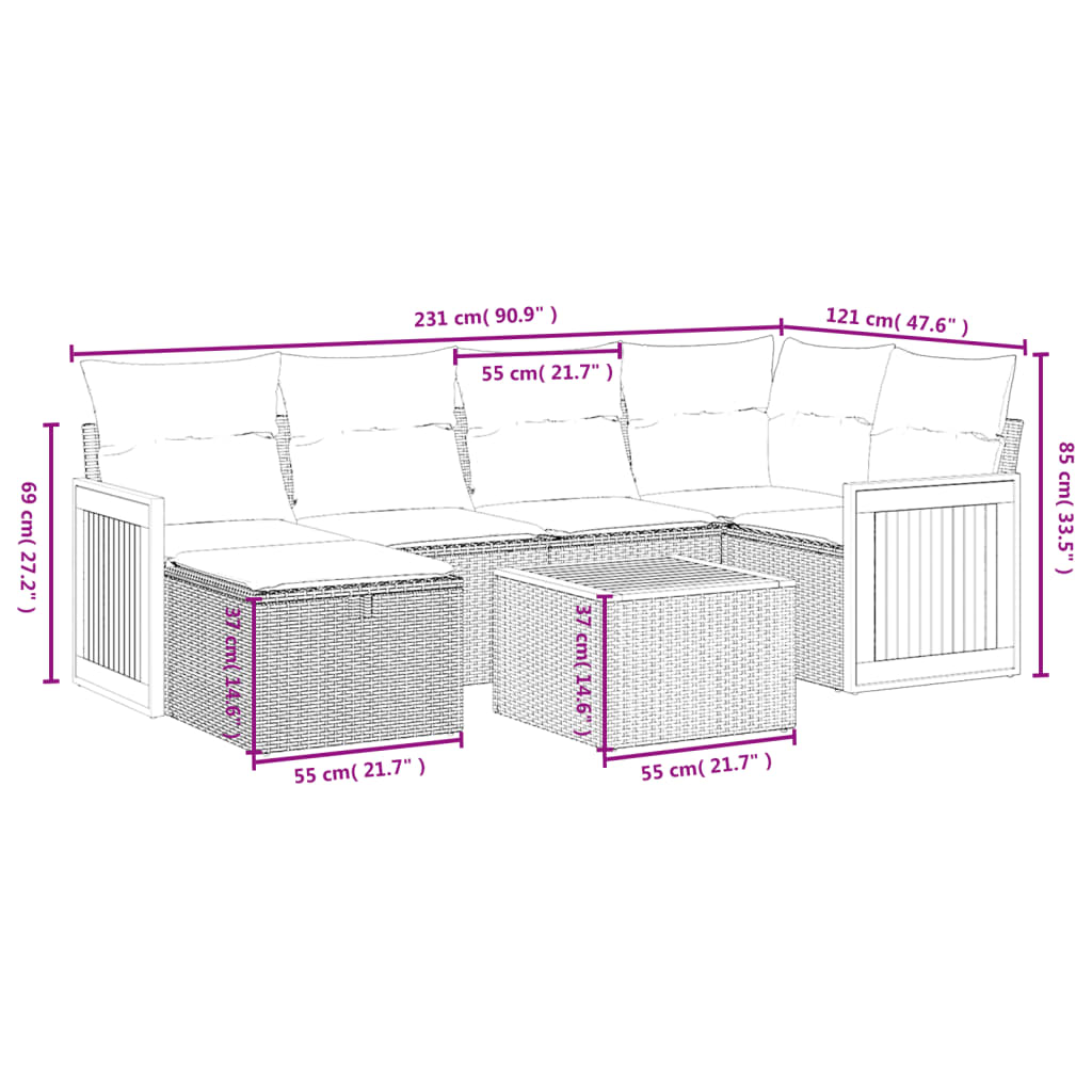 7-Delige Loungeset Met Kussens Poly Rattan Gemengd Beige