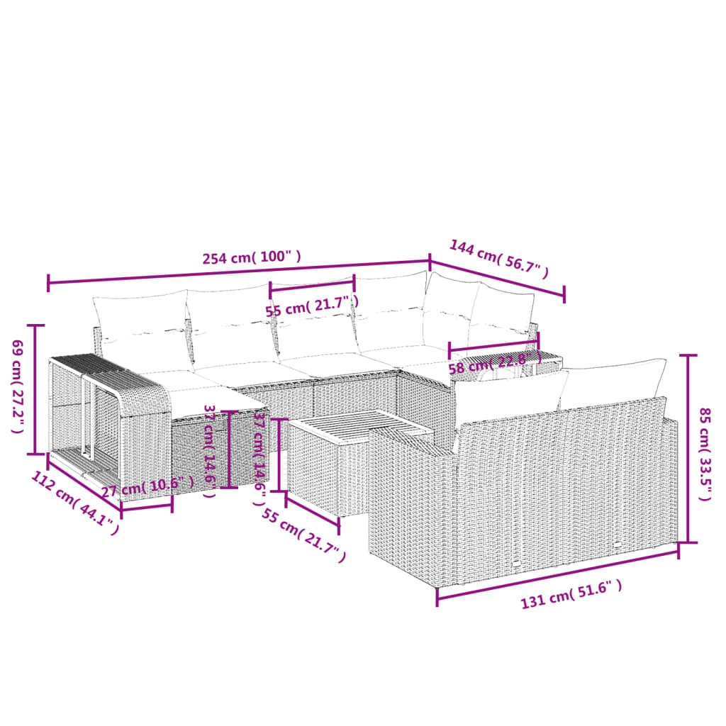 11-Delige Loungeset Met Kussens Poly Rattan Zwart