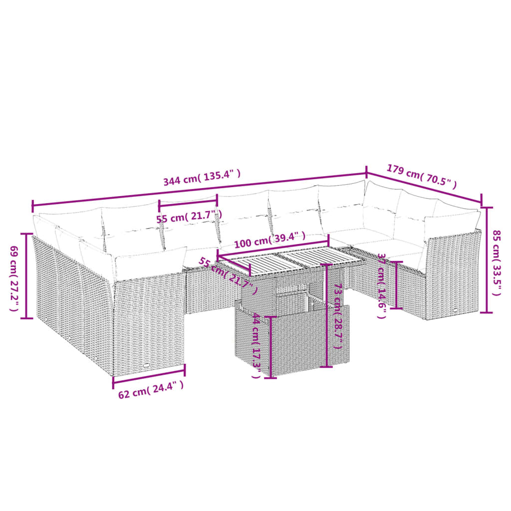 11-Delige Loungeset Met Kussens Poly Rattan Zwart