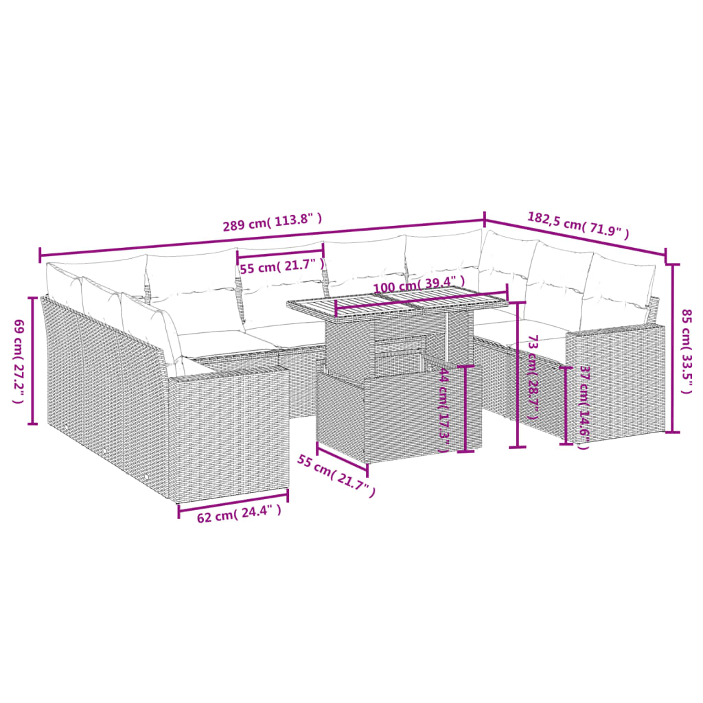 10-Delige Loungeset Met Kussens Poly Rattan Zwart