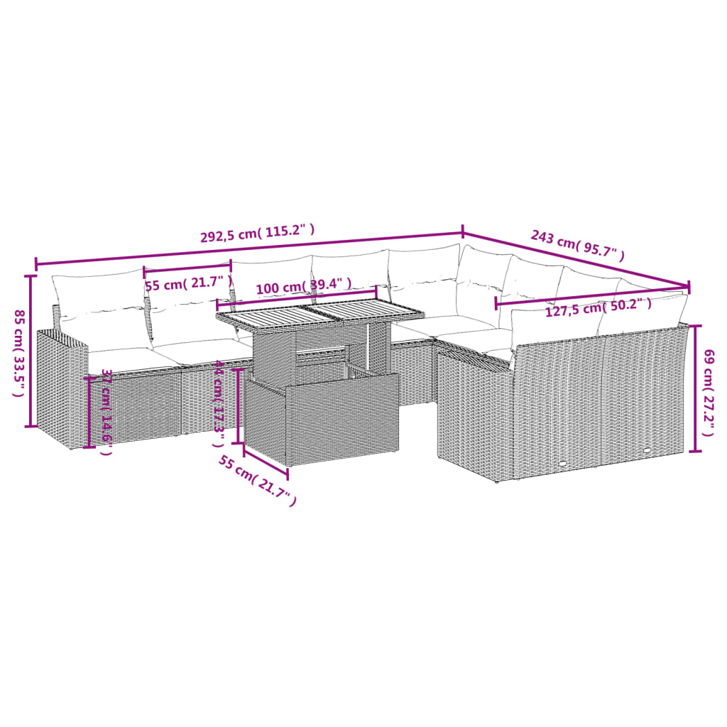 10-Delige Loungeset Met Kussens Poly Rattan Zwart