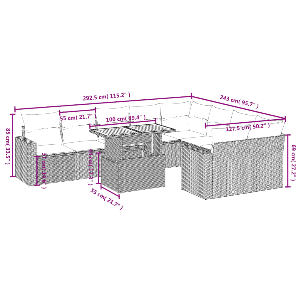 10-Delige Loungeset Met Kussens Poly Rattan Zwart