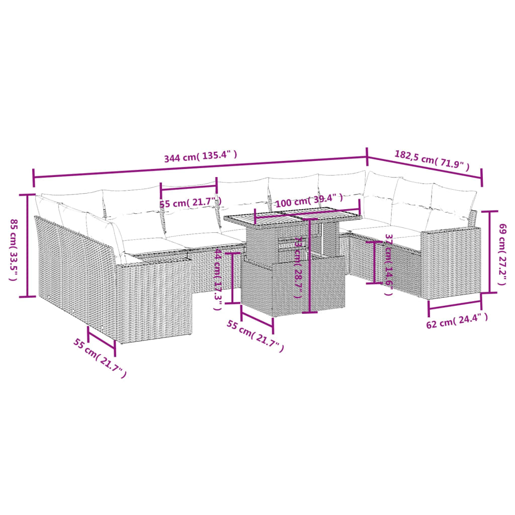 11-Delige Loungeset Met Kussens Poly Rattan Zwart