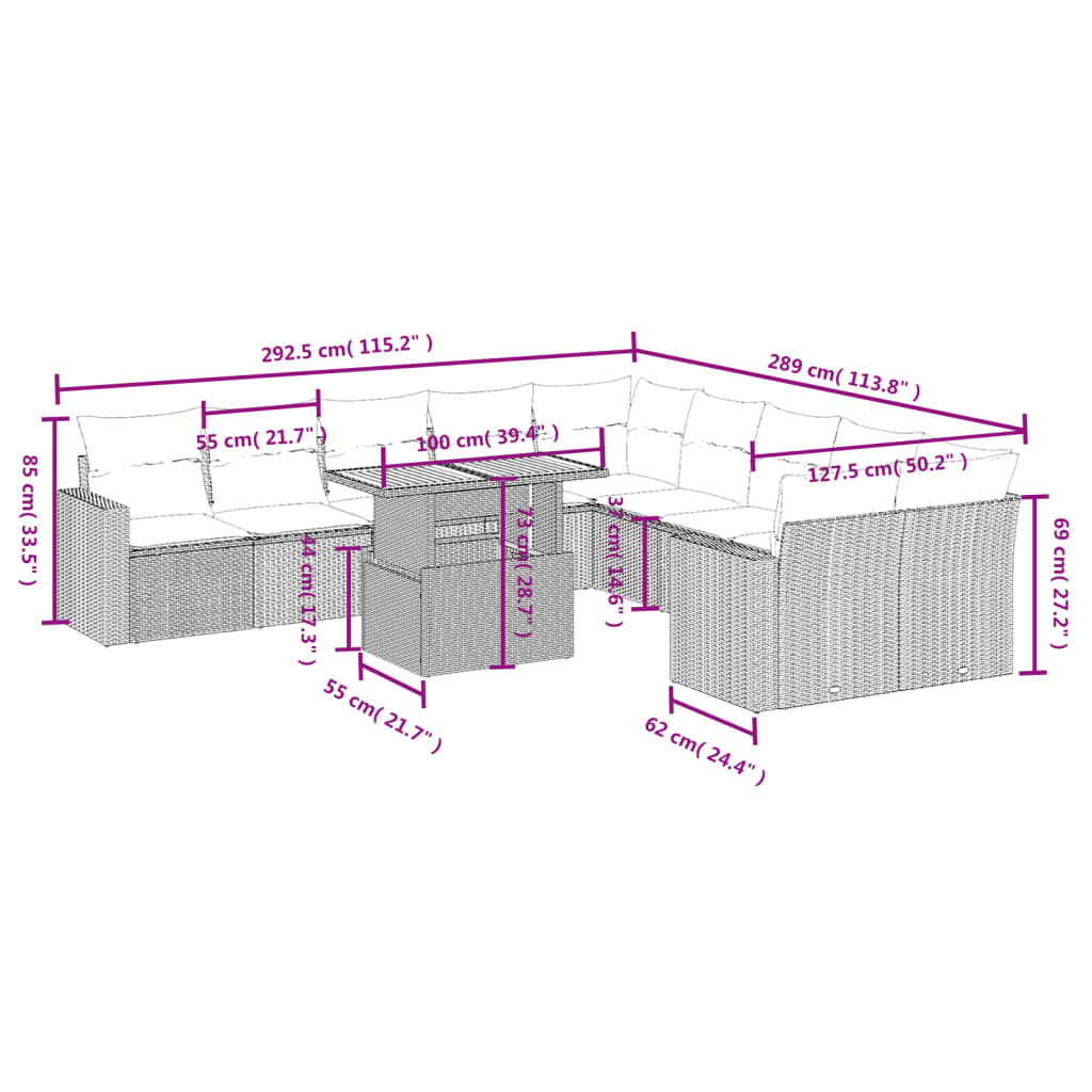 11-Delige Loungeset Met Kussens Poly Rattan Zwart