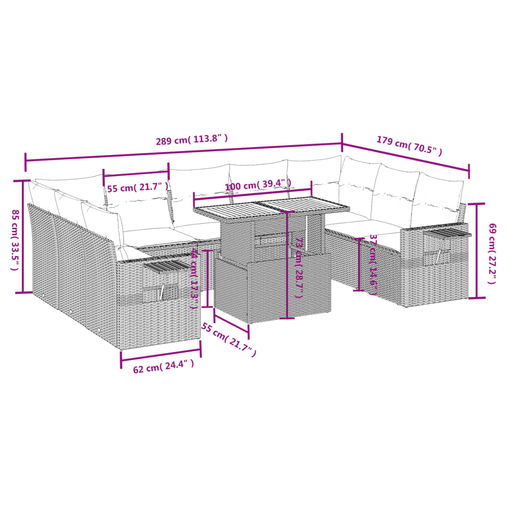 10-Delige Loungeset Met Kussens Poly Rattan Zwart