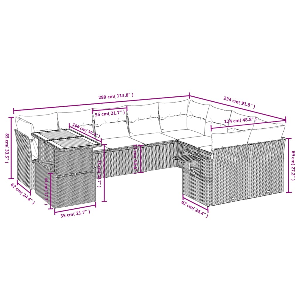 10-Delige Loungeset Met Kussens Poly Rattan Zwart